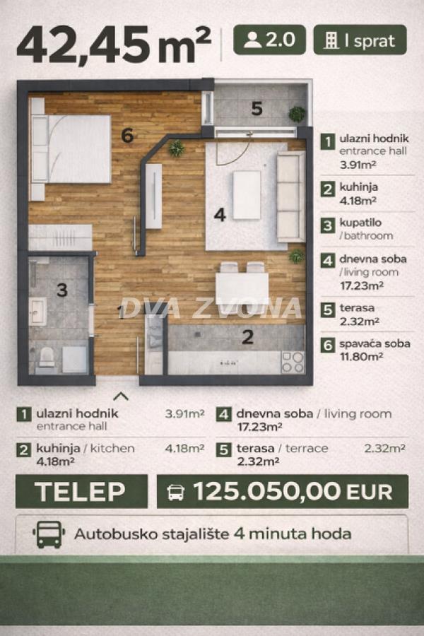 NOV, MODERAN STAN NA TELEPU – 42.45 m², 2.0,  PRVI SPRAT