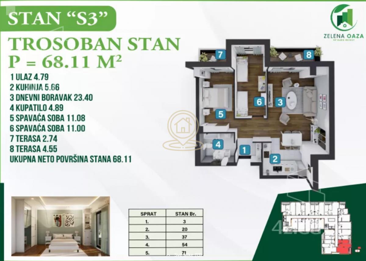 Dvoiposoban stan 68,11 m², Bubanj, Kragujevac, 2. sprat