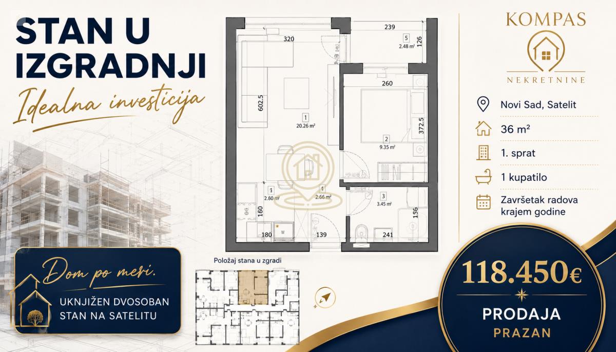 Dvosoban stan 36 m², Satelit, Novi Sad, UKNJIZEN, zavrsetak radova krajem godine