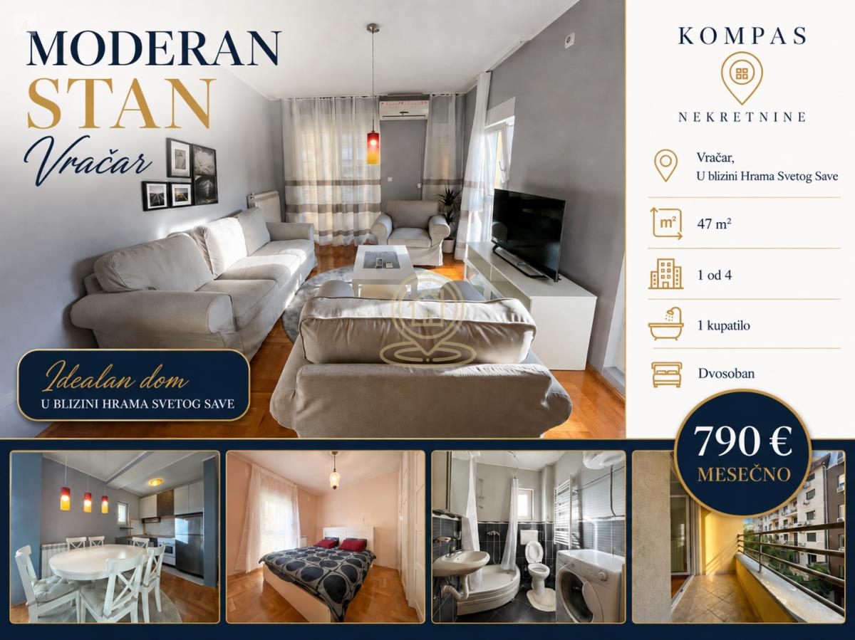 Kompletno opremljen 2.0 stan na Vračaru | Hram Svetog Save | 47 m2