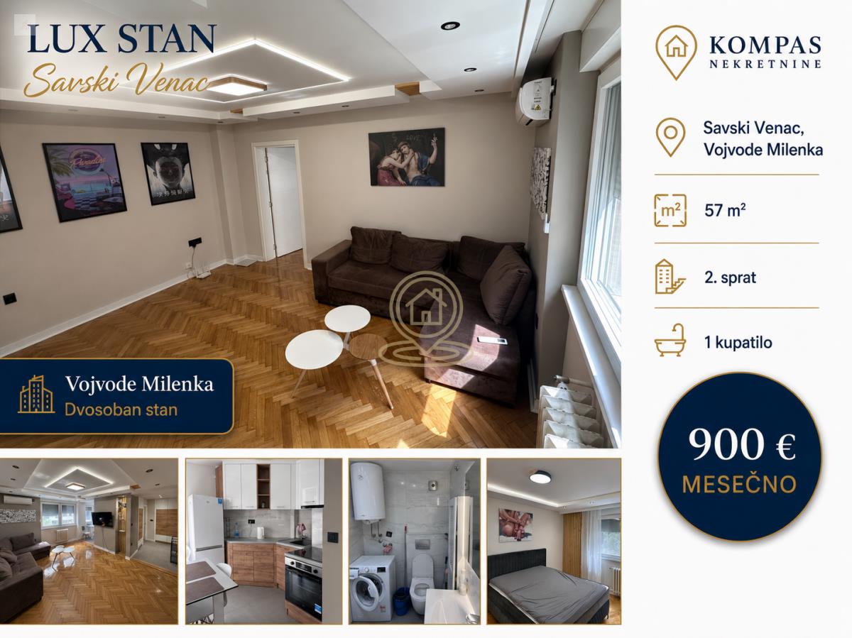 Dvosoban stan 57 m2,  Savski Venac, Vojvode Milenka