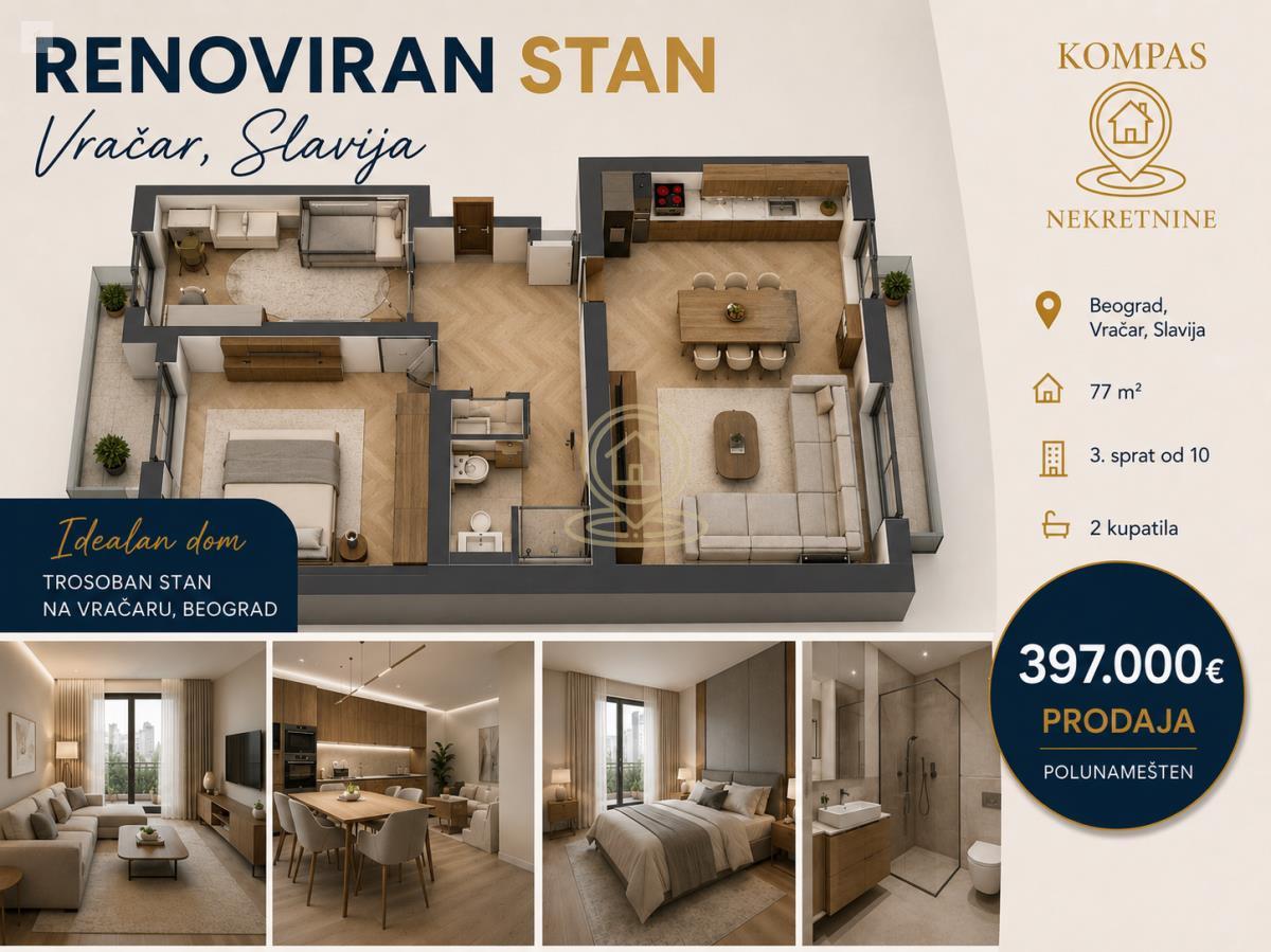 Trosoban stan na Slaviji, 77 m², 3. sprat