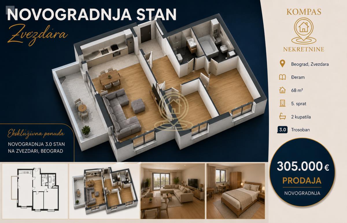 Trosoban stan 68 m², Đeram, 5/7, Beograd