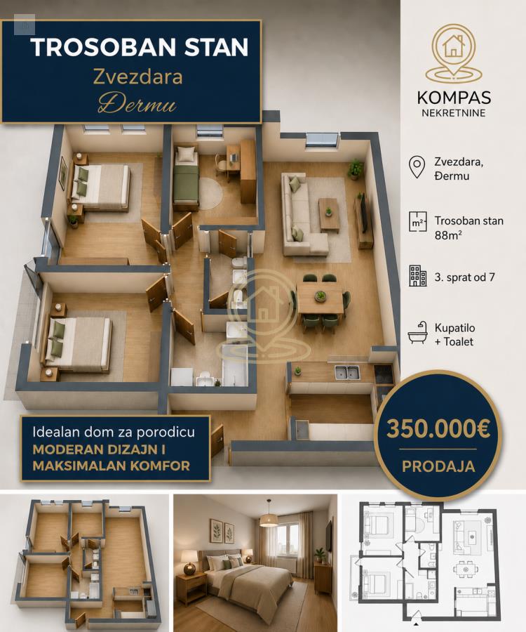 Četvorosoban stan, 88 m², Đeram, Zvezdara, Beograd, 3/6, 2 kupatila