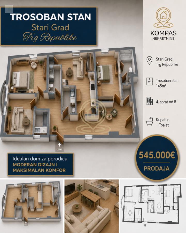Prostran stan sa 6 soba, 4 kupatila, Trg Republike, Beograd