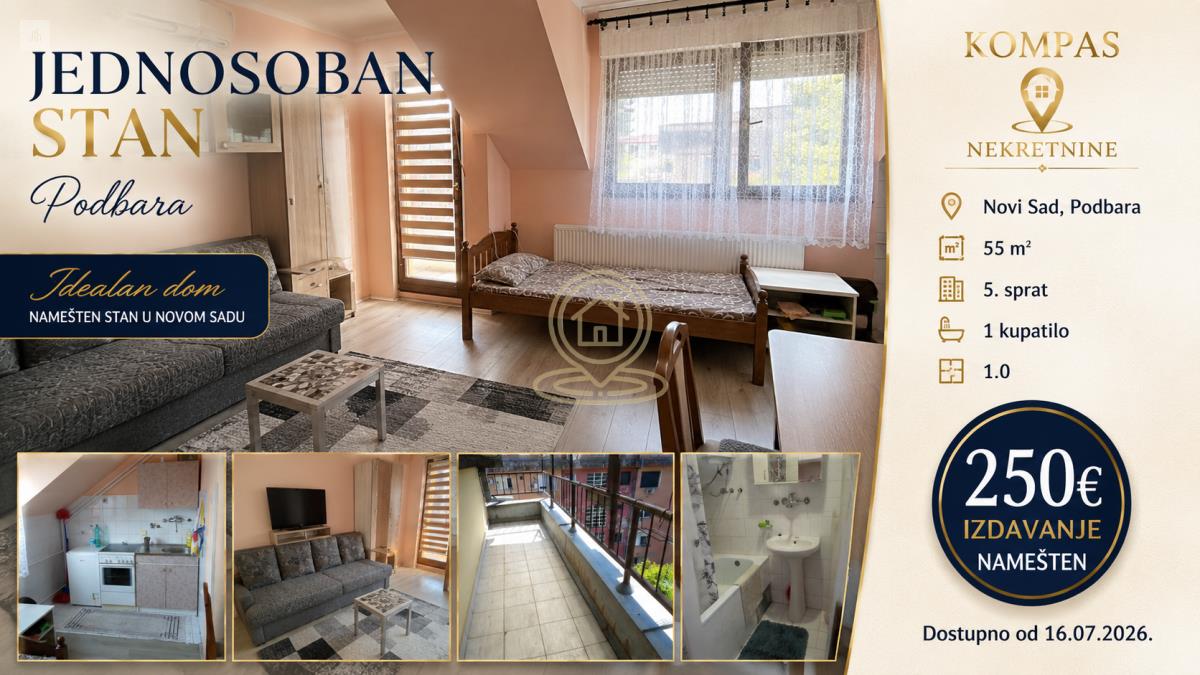 Jednosoban stan 31m²+ 22m2 terase, Podbara, Novi Sad, 5. sprat