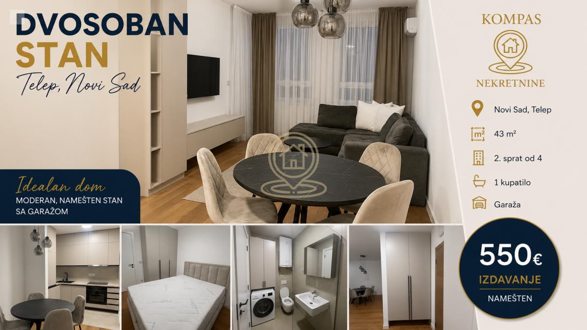 SA GARAZOM Dvosoban stan 43 m², Telep, Novi Sad, 2. sprat
