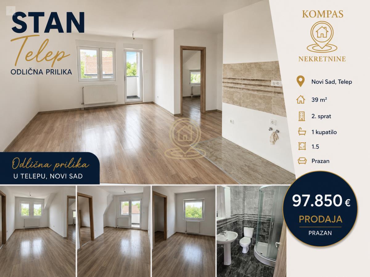 Jednoiposoban stan + Parking Mesto 39 m², Telep, Novi Sad, 2. sprat