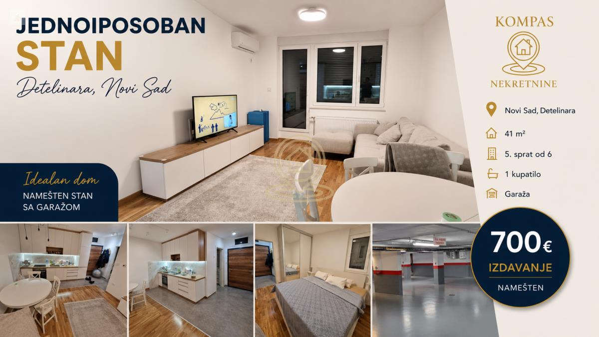 SA GARAZOM Jednoiposoban stan 41 m², Detelinara, Novi Sad, 5/6 sprat