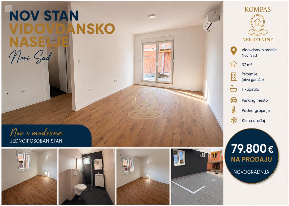 Stanovi na prodaju Novi Sad – nov jednoiposoban stan, Vidovdansko naselje, 37 m², parking, podno grejanje