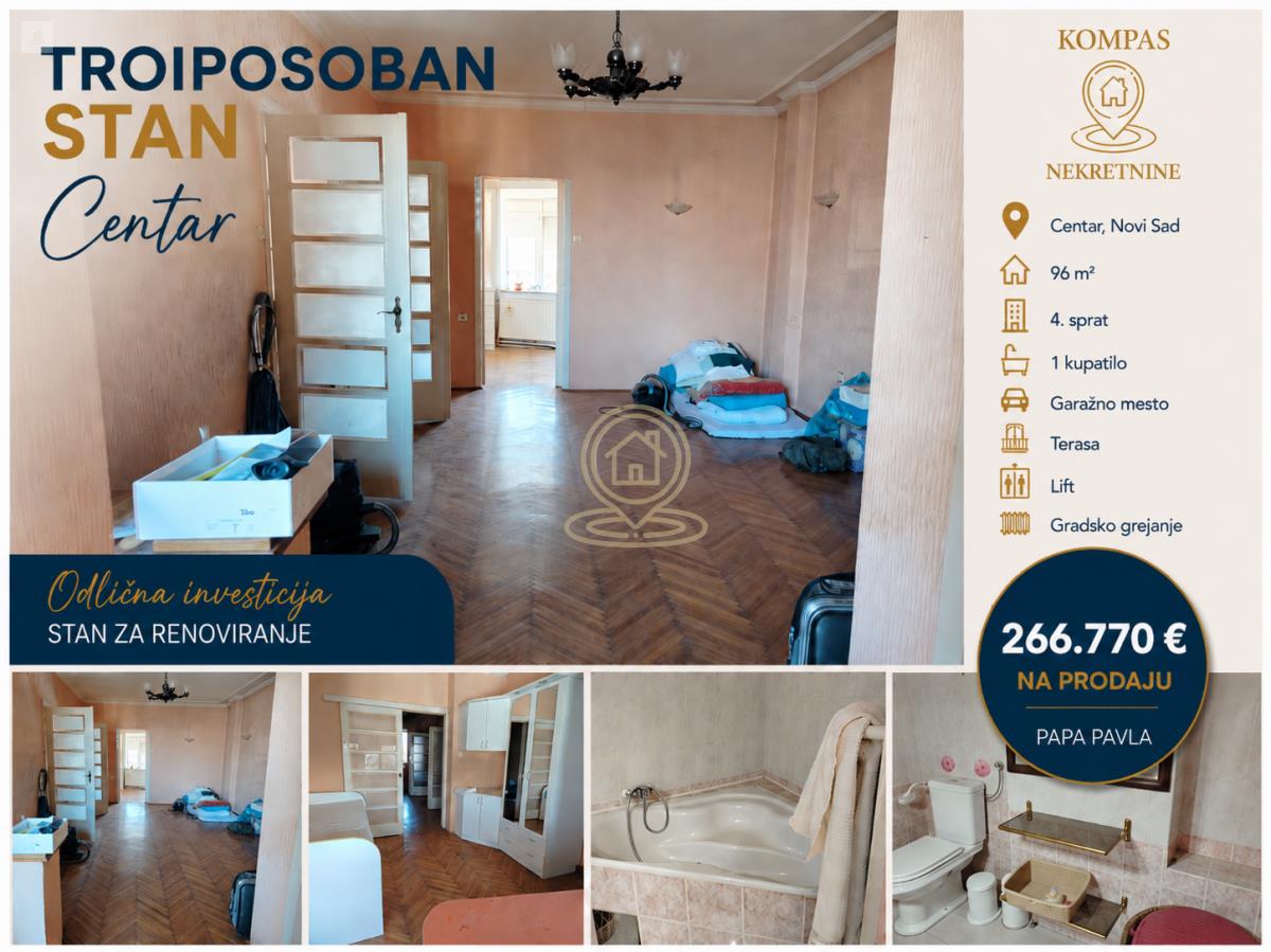 Prodaja stanova Novi Sad – trosoban stan u centru, Papa Pavla, 96 m², garažno mesto, terasa i lift