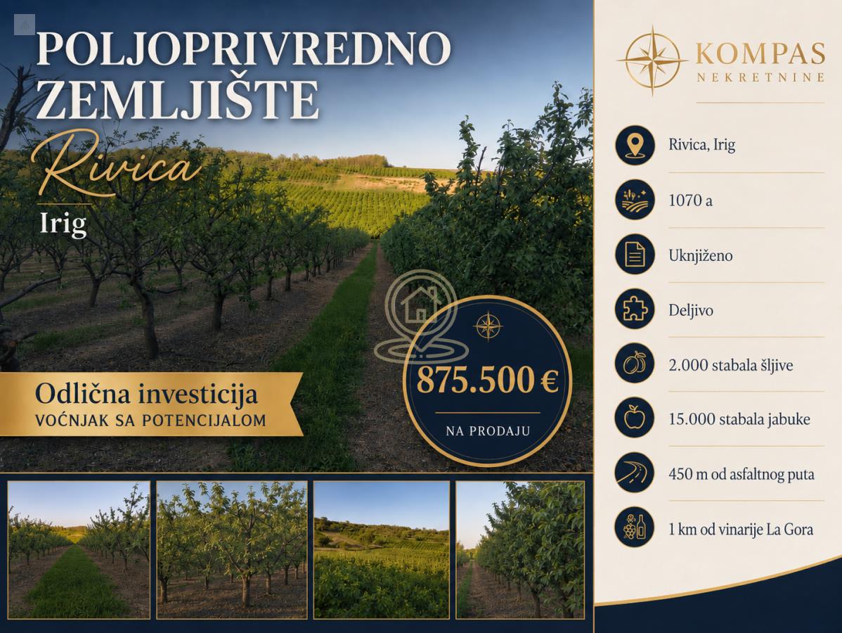 Prodaje se poljoprivredno zemljište – Rivica, Irig, 1.070 hektara, voćnjak sa 17.000 stabala, uknjiženo i deljivo