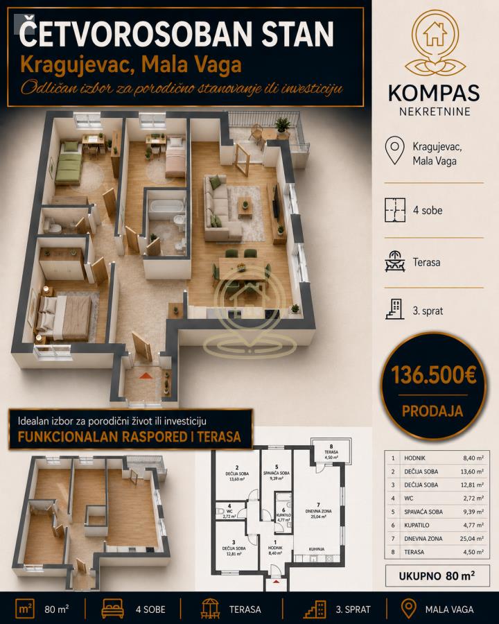 Četvorosoban stan, 80 m²