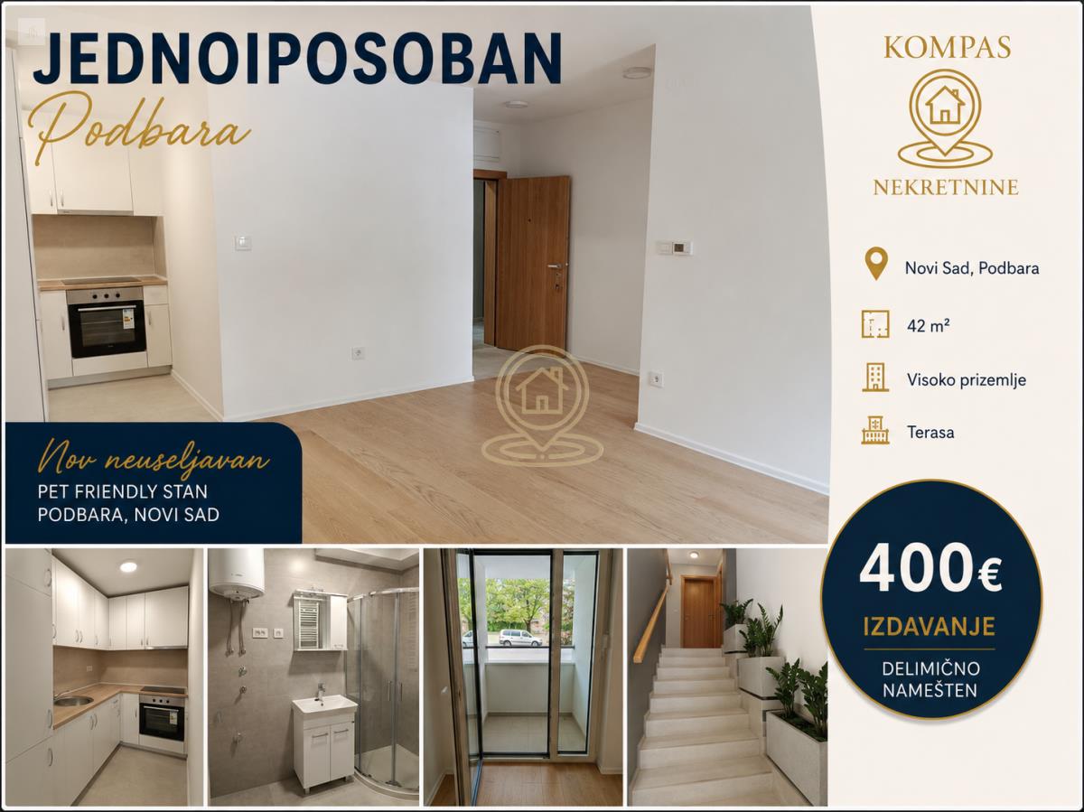 Stanovi za izdavanje Novi Sad – nov jednoiposoban stan na Podbari, Bele njive, 42 m²