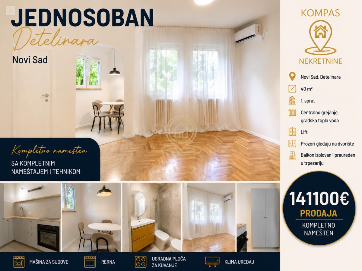 Jednosoban stan na prodaju 40 m², Pasterova 12, Novi Sad – potpuno opremljen stan sa aparatima