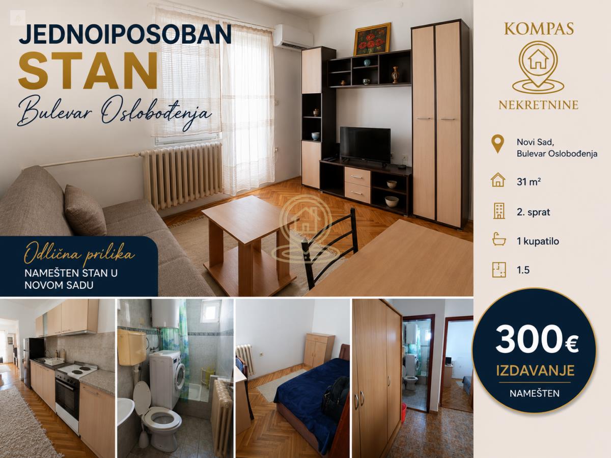 Jednoiposoban stan 31 m², Bulevar Oslobođenja, Novi Sad, 2. sprat