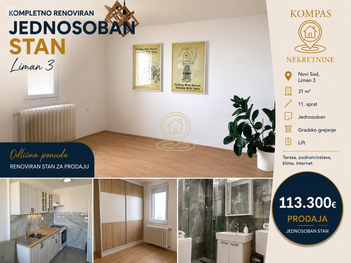 Renoviran jednosoban stan na prodaju Novi Sad – Liman 3, 31m², terasa, lift, odličan pogled