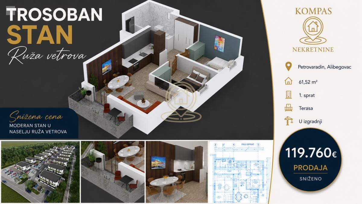 Trosoban stan na prodaju u Petrovaradinu, Alibegovac – 61,52 m², terasa, snižena cena