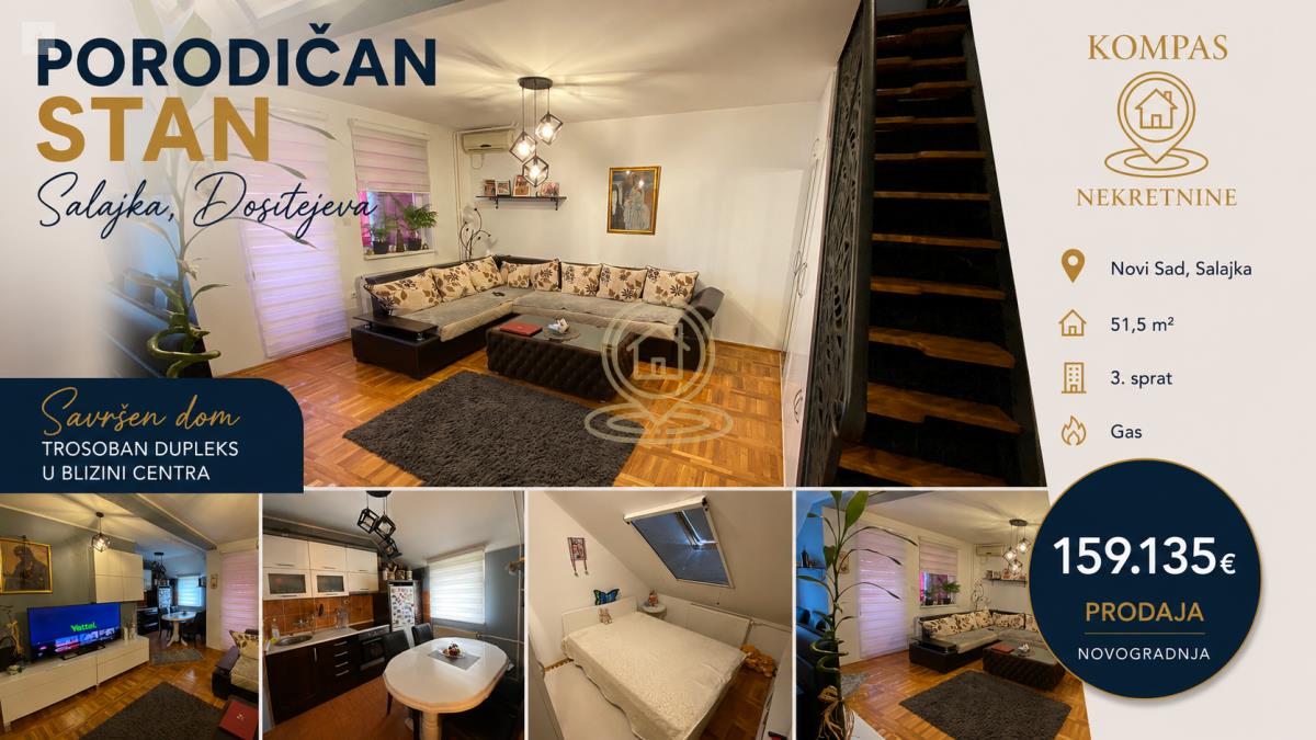 Prodaja trosobnog dupleks stana Novi Sad, Salajka - Dositejeva, novogradnja, cena 159135e