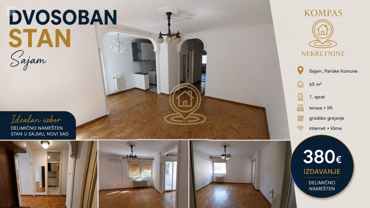 Iznajmljuje se stan u Novom Sadu - dvosoban stan na Sajmu, Pariske komune, 65 m², terasa i lift