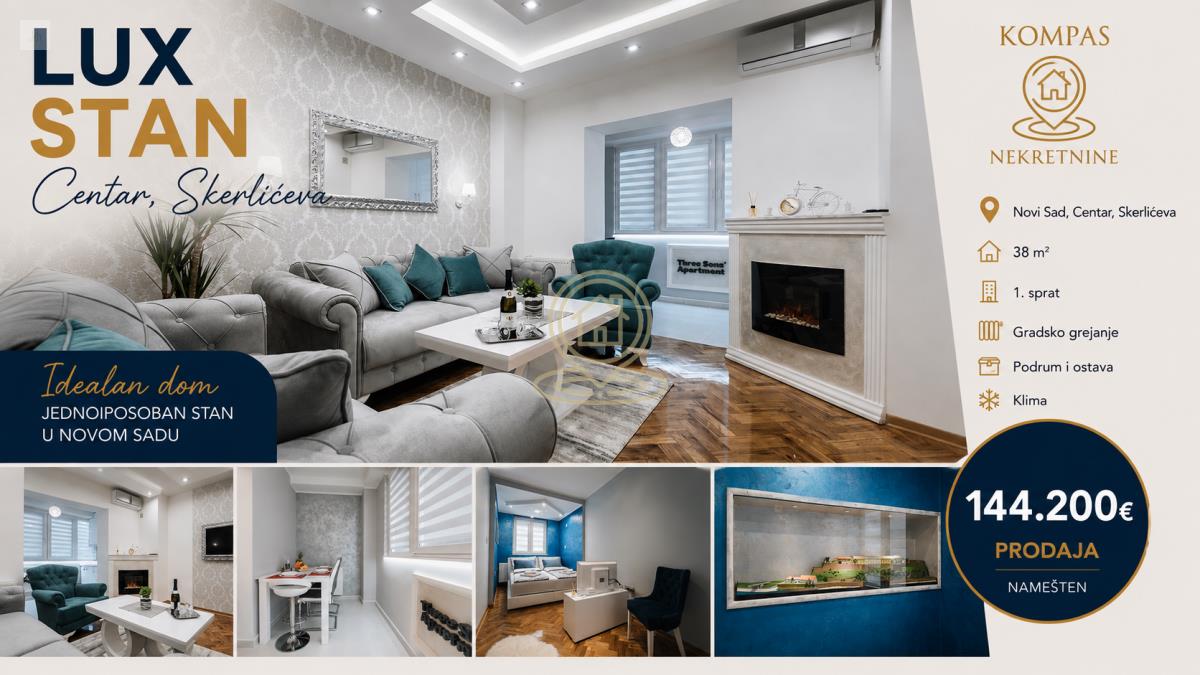 PRODAJA STANA NOVI SAD – CENTAR, SKERLIĆEVA, LUKSUZNI JEDNOSOBAN STAN 38 m², KOMPLETNO NAMEŠTEN, RENOVIRAN, 1. SPRAT