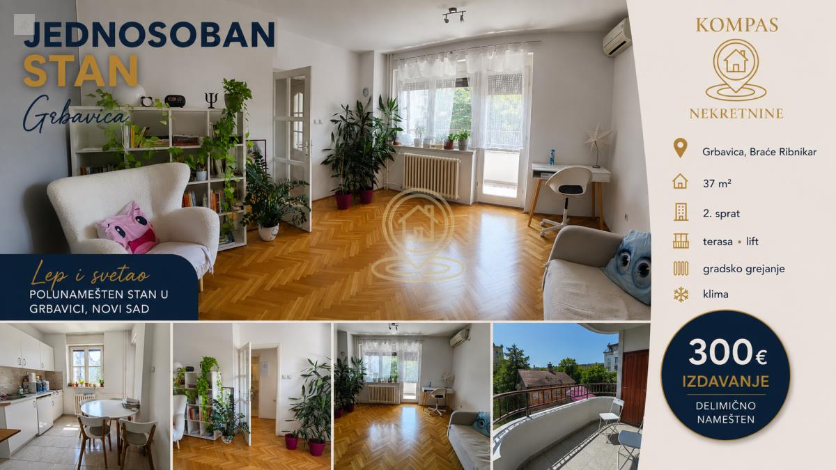 Izdavanje stanova Novi Sad - svetao jednosoban stan na Grbavici, Braće Ribnikar, 37 m², terasa i lift