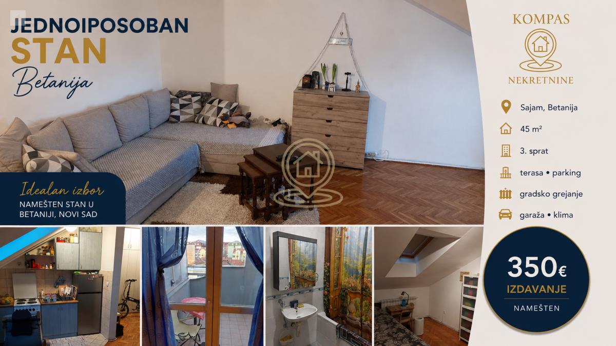Namešten jednoiposoban stan kod Betanije, Sajam, 45 m², terasa, parking i garaža