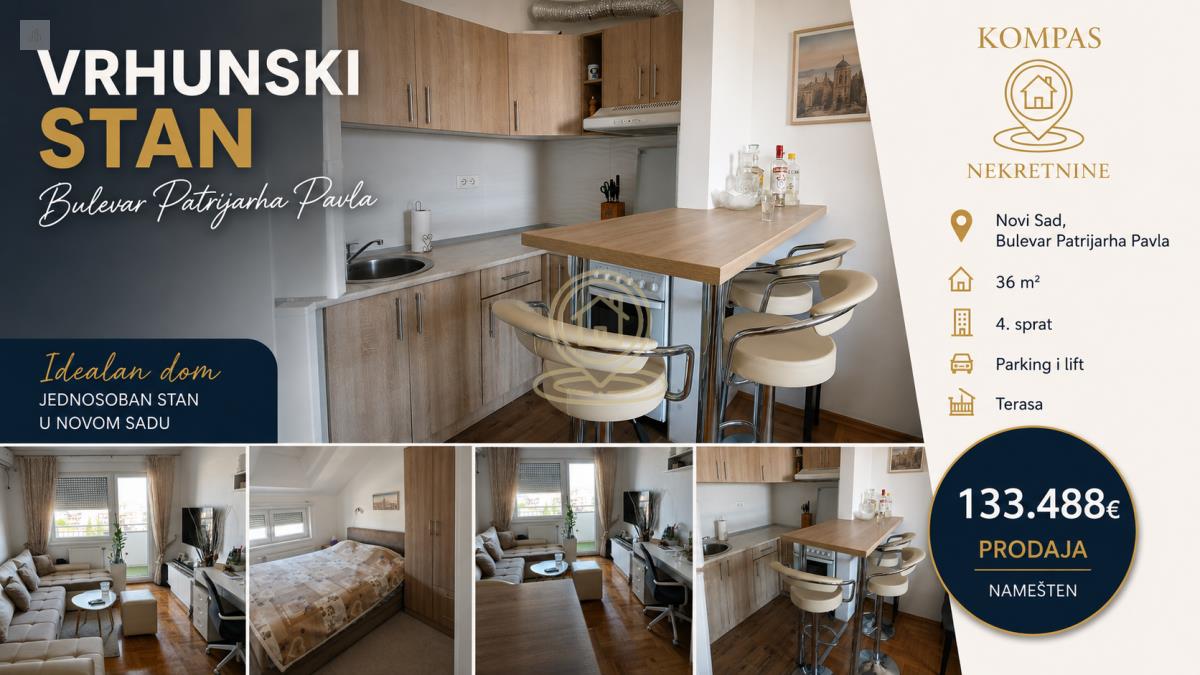 PRODAJA STANA U NOVOM SADU – BULEVAR PATRIJARHA PAVLA, VRHUNSKI KVALITET JEDNOSOBAN STAN 36 m², NAMEŠTEN, TERASA, PARKING, LIFT, NAMEŠTENO