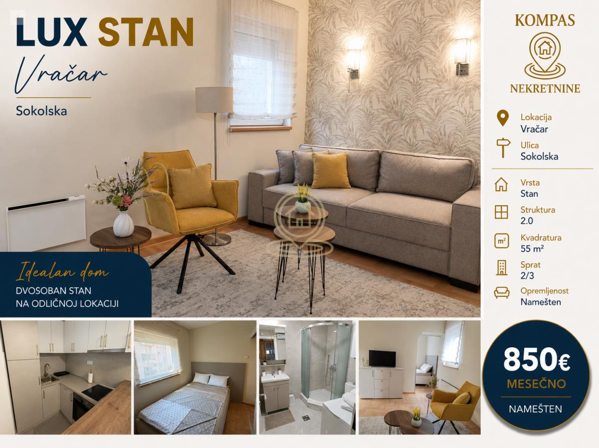 Lux potpuno nov dvosoban stan na Vračaru, Kalenić, 55 m², 2. sprat