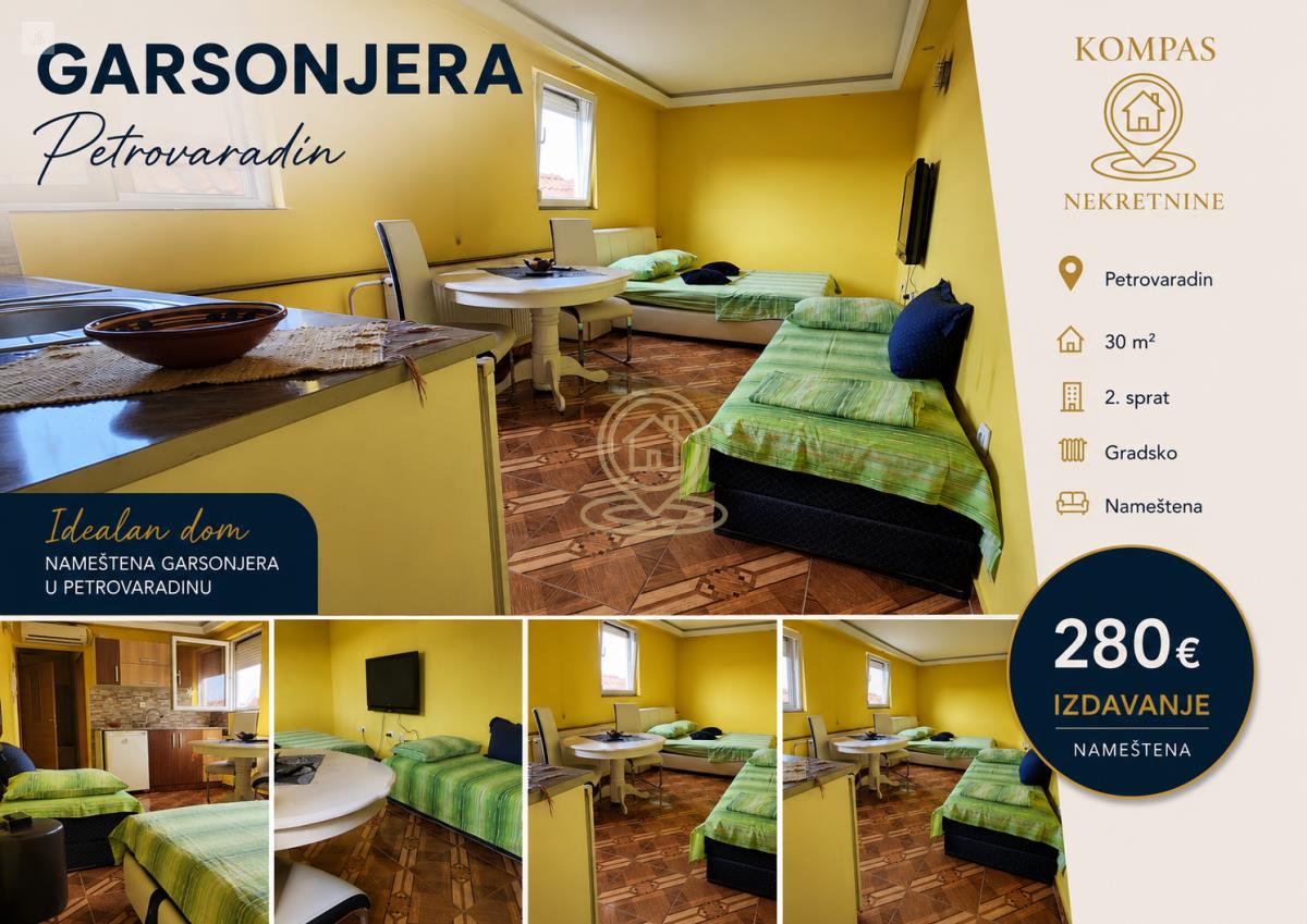 Iznajmljivanje stanova u Novom Sadu – garsonjera Petrovaradin, 30 m², namešten, parking
