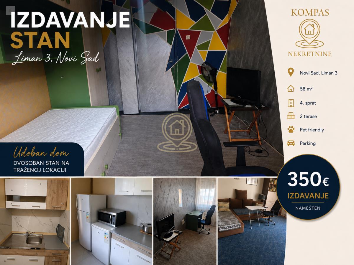 Iznajmljivanje stanova u Novom Sadu - dvosoban stan Liman 3, 58m², 2 terase, kućni ljubimci dozvoljeni, parking