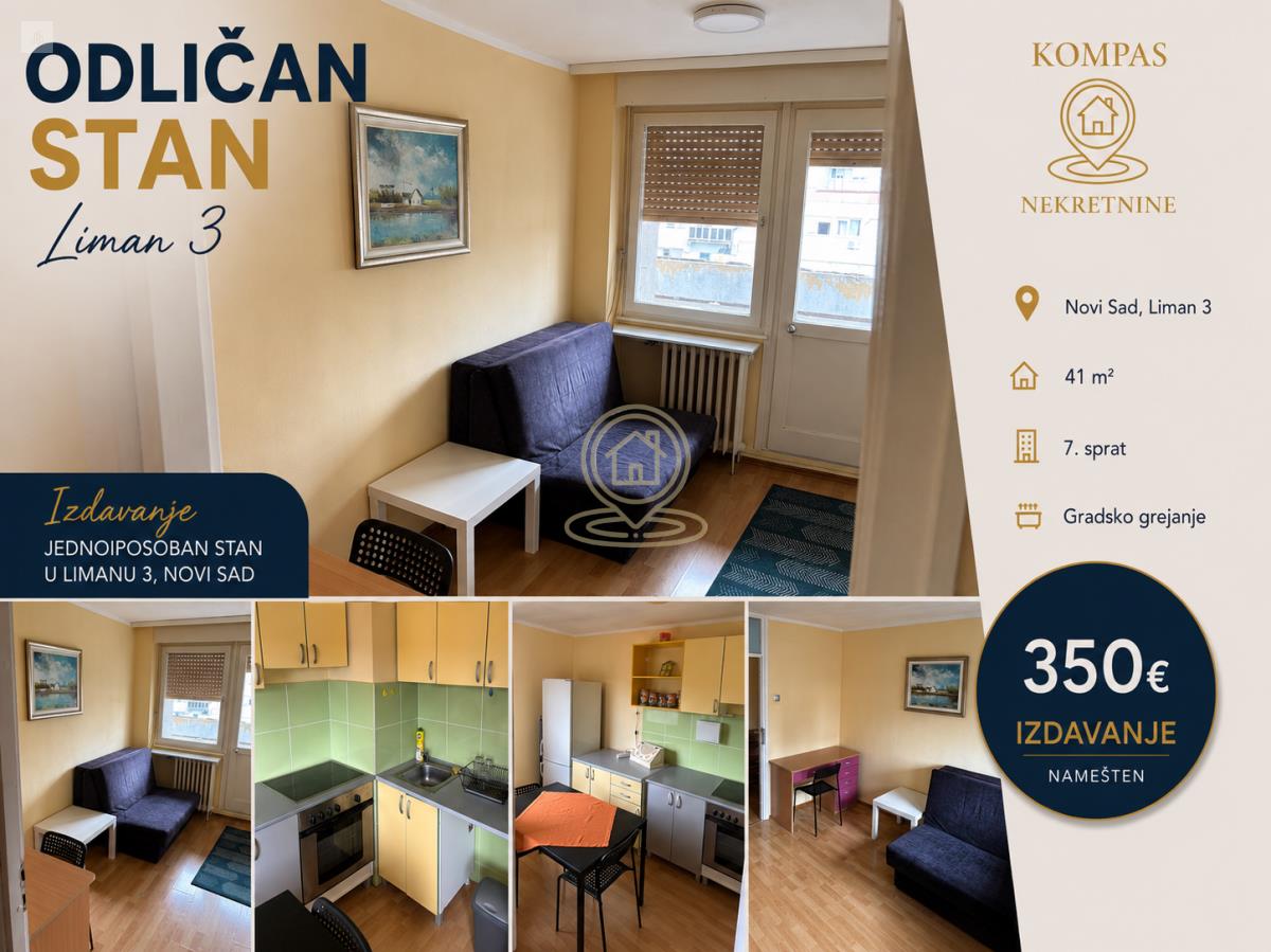 Iznajmljivanje stanova u Novom Sadu - jednoiposoban stan Liman 3, 41m², terasa, lift, odlična lokacija