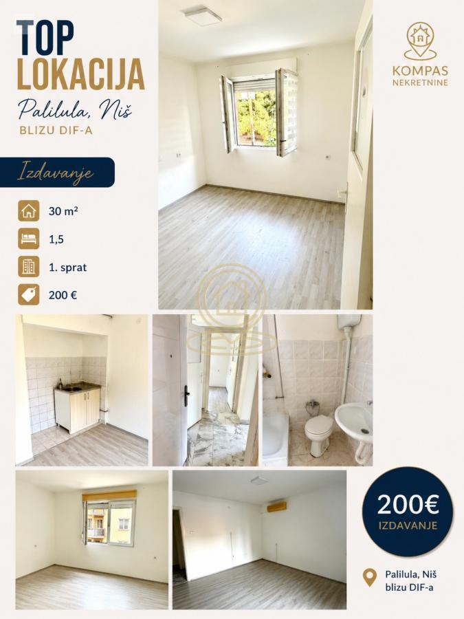 Izdaje se jednosoban stan, 30m2, Palilula, u blizini DIF