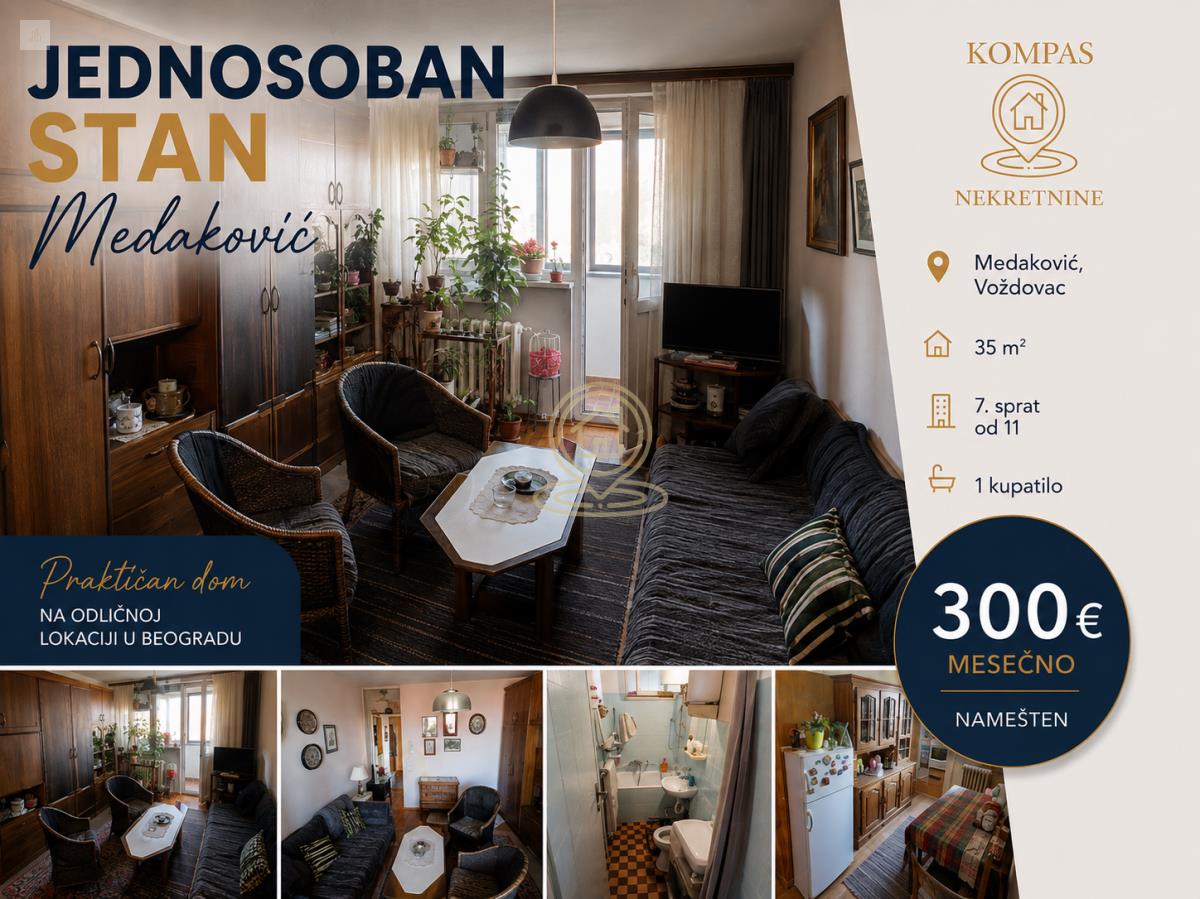 Jednosoban stan 35 m², Medaković, Voždovac, Beograd, 7/11 sprat