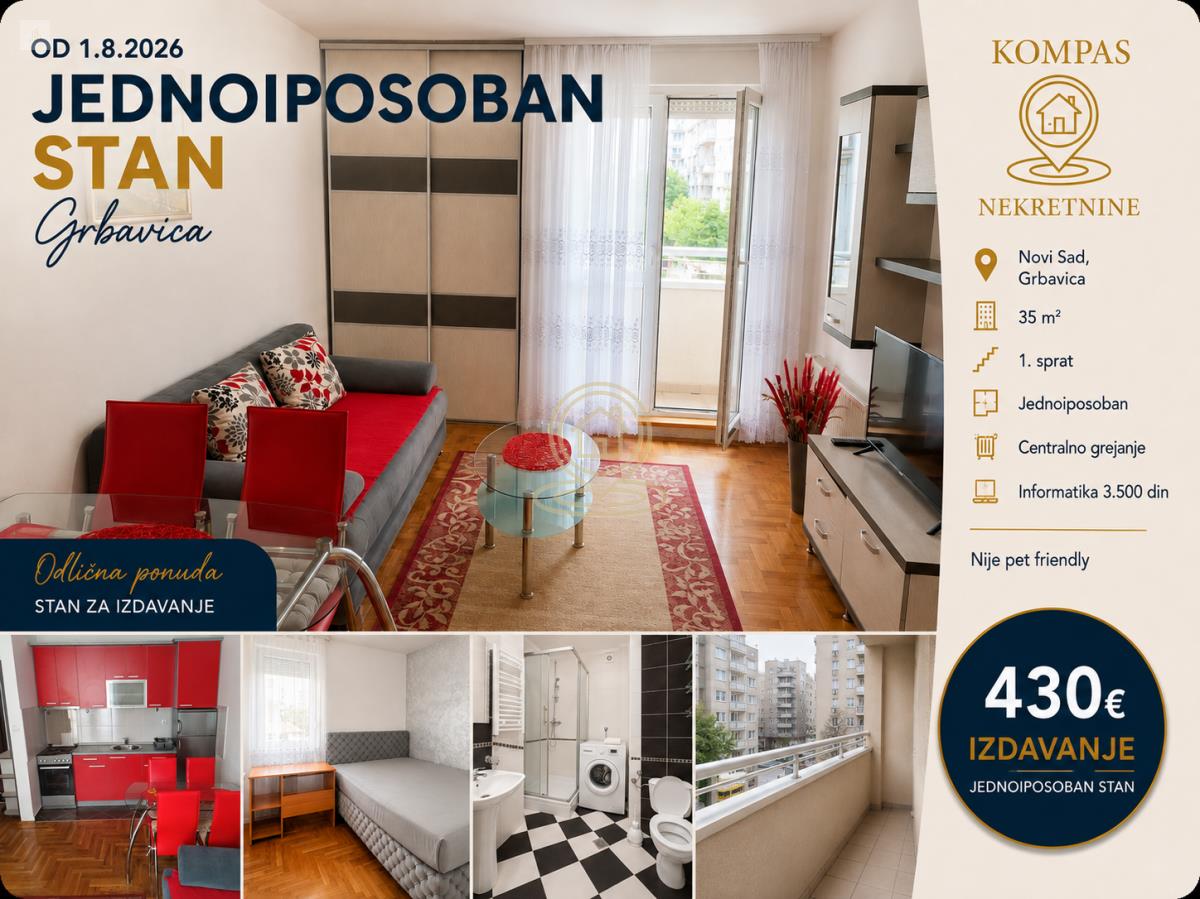 Jednoiposoban stan za iznajmljivanje Novi Sad – Grbavica, Lasala Gala, 35m², 1. sprat, 430€