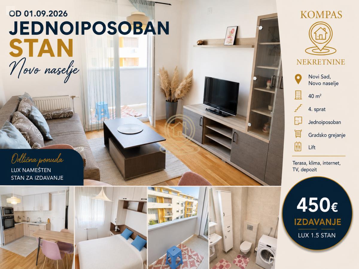 Jednoiposoban stan za iznajmljivanje Novi Sad – Novo naselje, Bate Brkića, namešten, 40m², lift, terasa