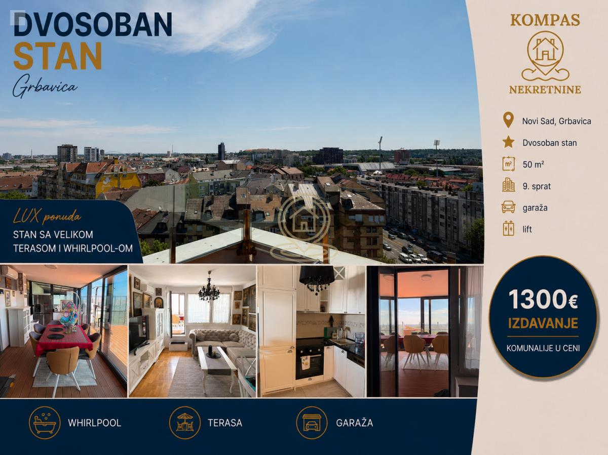 Lux dvosoban stan 50 m², Grbavica, Novi Sad, 9. sprat