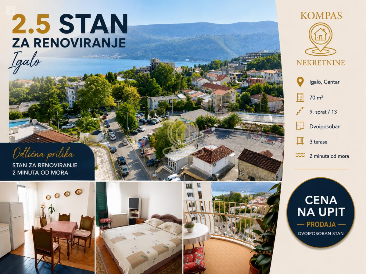 Prodaje se dvoiposoban stan u Igalu – Herceg Novi, pogled na more, 70m², 3 terase