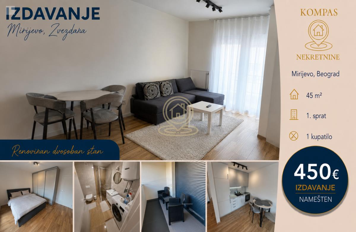 Dvosoban stan 45 m², Mirijevo, Zvezdara, Beograd, 1. sprat