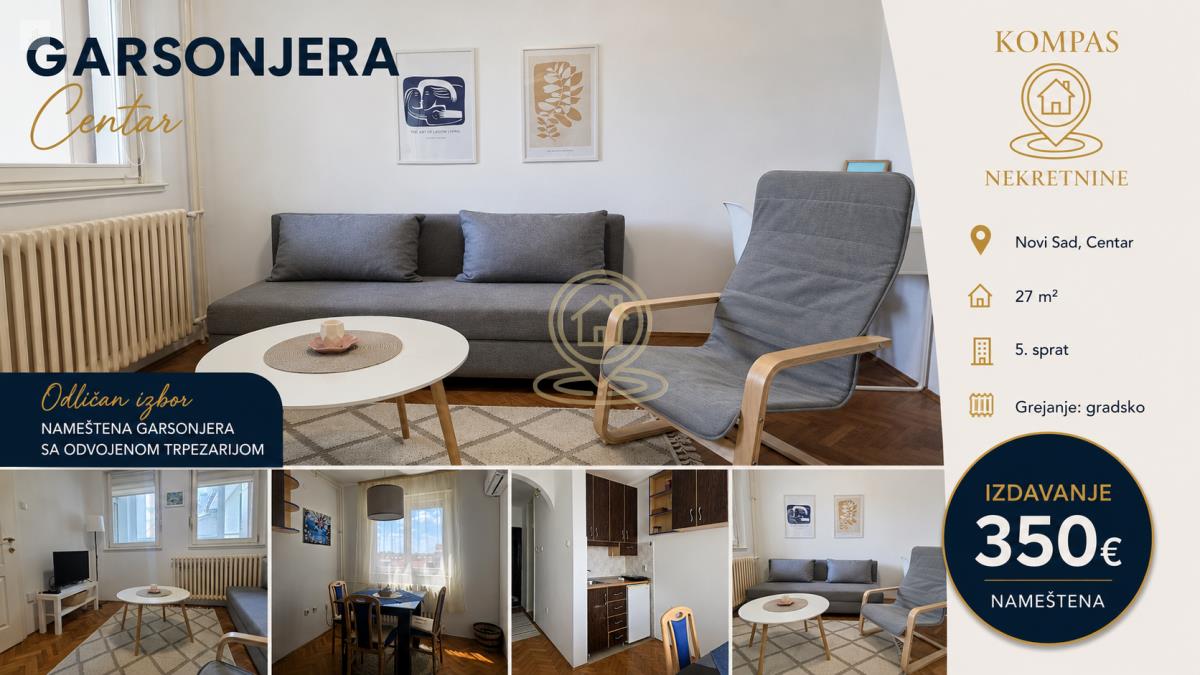 Izdavanje stanova u Novom Sadu - namešten garsonjera Centar, Bulevar Oslobođenja, 27m², terasa, lift, 350€