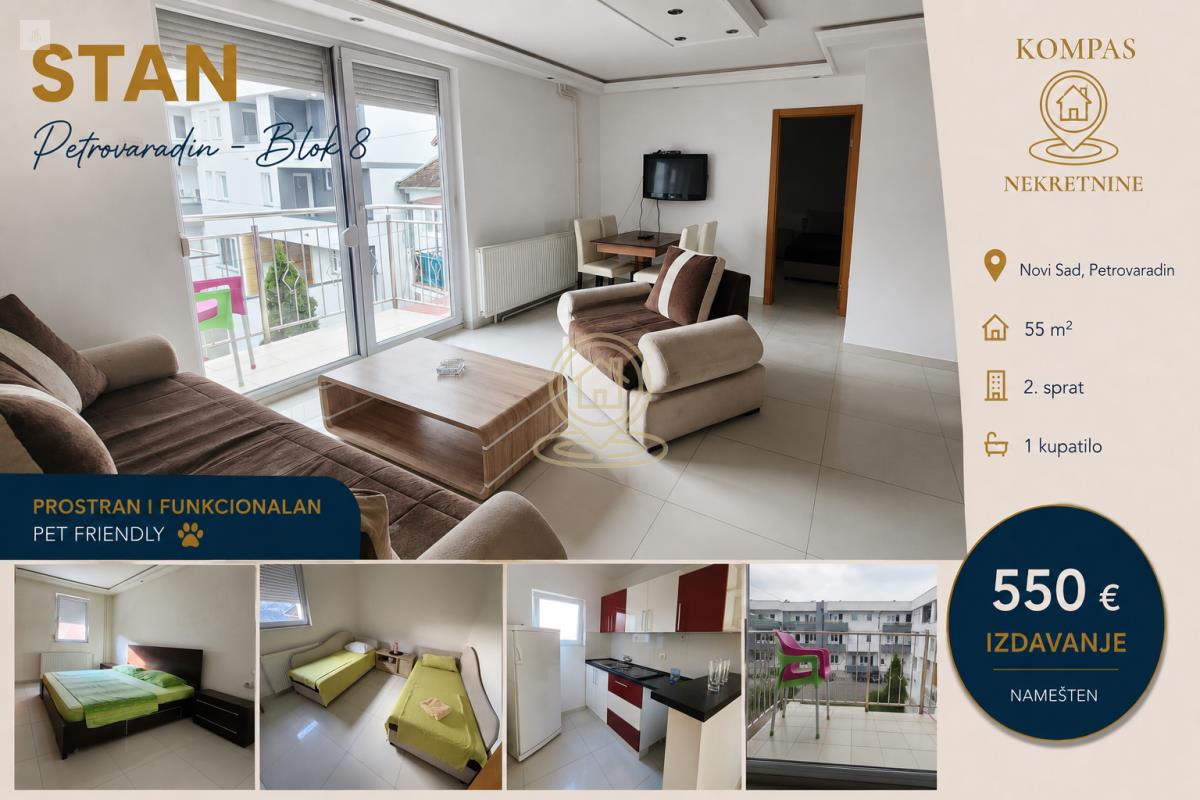 Dvosoban stan PET FRENDLY 55 m², Petrovaradin, Blok 8, Novi Sad