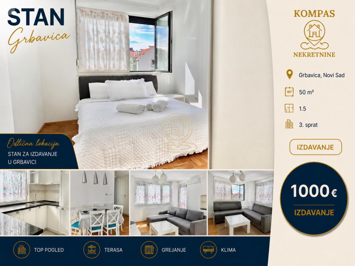 Grbavica, Novi Sad, Lux 1.5-soban stan, 50 m², 3. sprat