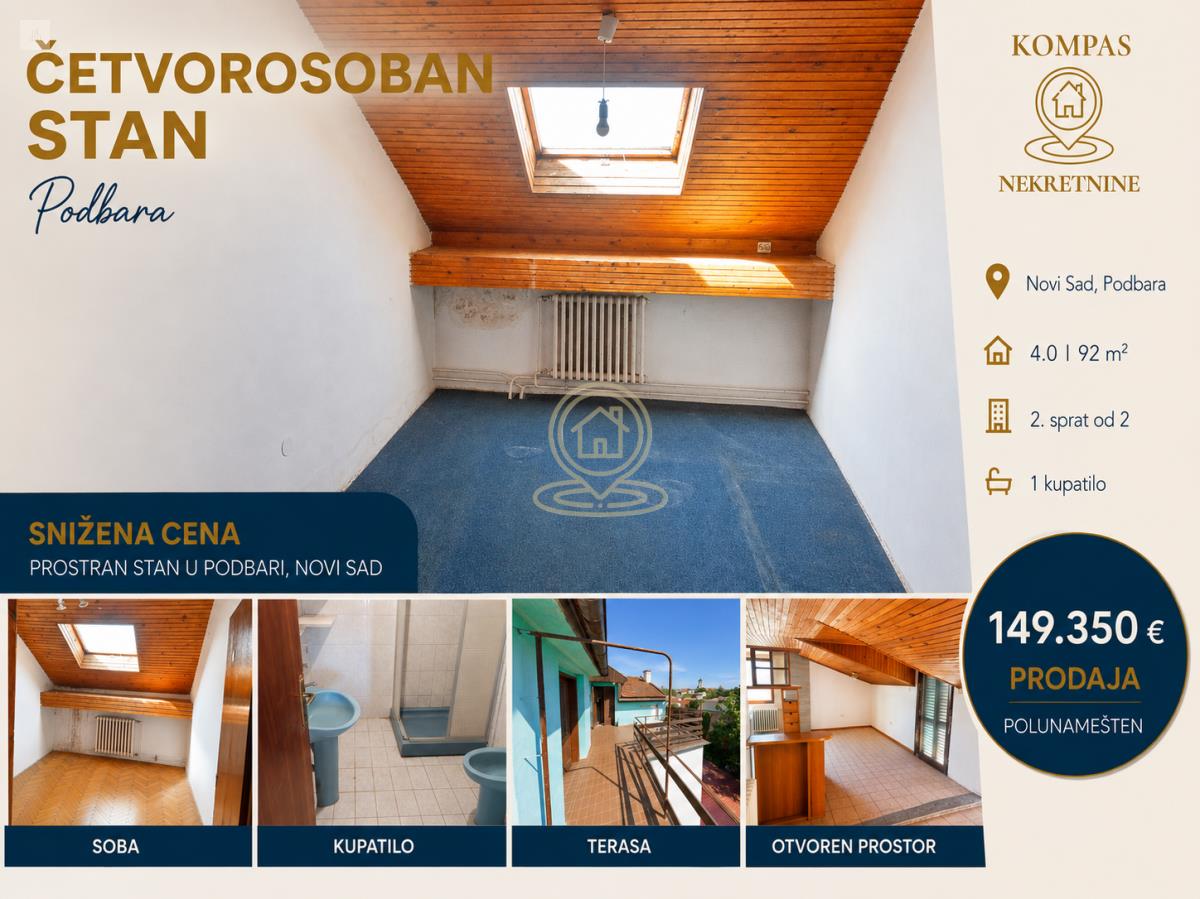 SNIZENA CENA ! Četvorosoban stan (Povrsina 92 m²) 1600e m2 !!, Podbara, Novi Sad, 2. sprat INVESTICIJA
