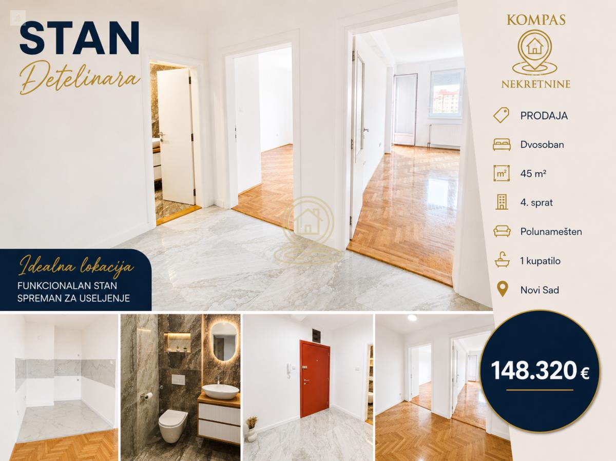 Dvosoban stan 45 m² na Detelinari, Novi Sad, 4. sprat