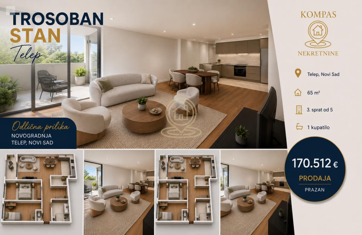 ODLICNA PRILIKA Trosoban stan 65 m², Telep, Novi Sad, NOVOGRADNJA