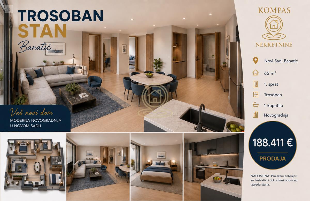 Trosoban stan, 65 m², Banatić, Novi Sad, 1. sprat