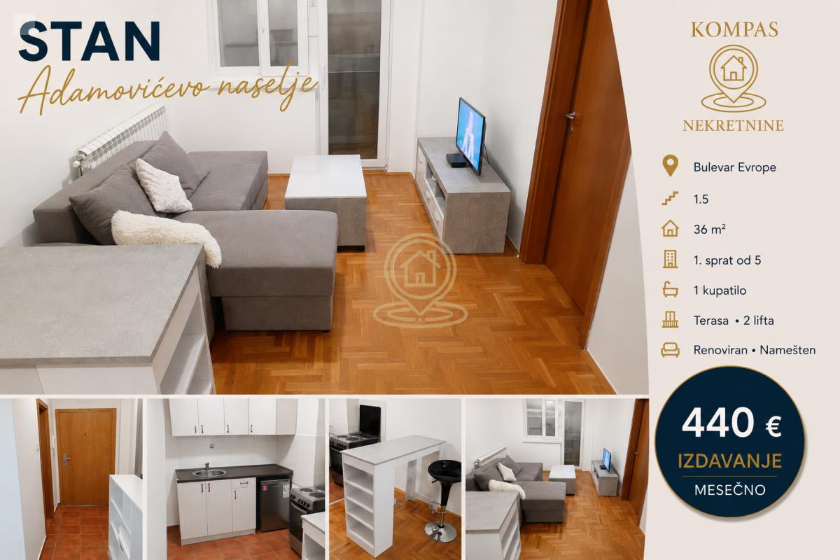 Jednoiposoban stan, 36 m², Adamovićevo Naselje, Novi Sad, 1. sprat