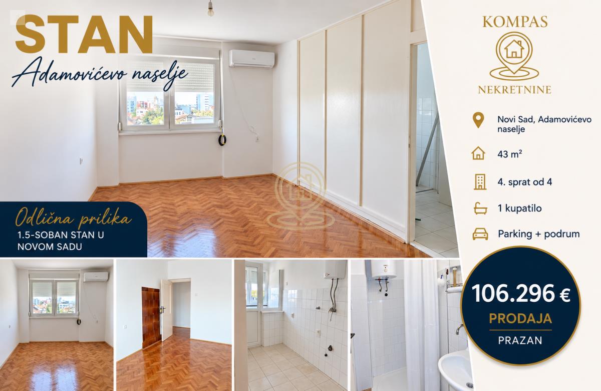 Adamovićevo Naselje, Novi Sad – 1.5-soban stan, 43 m², 4/4