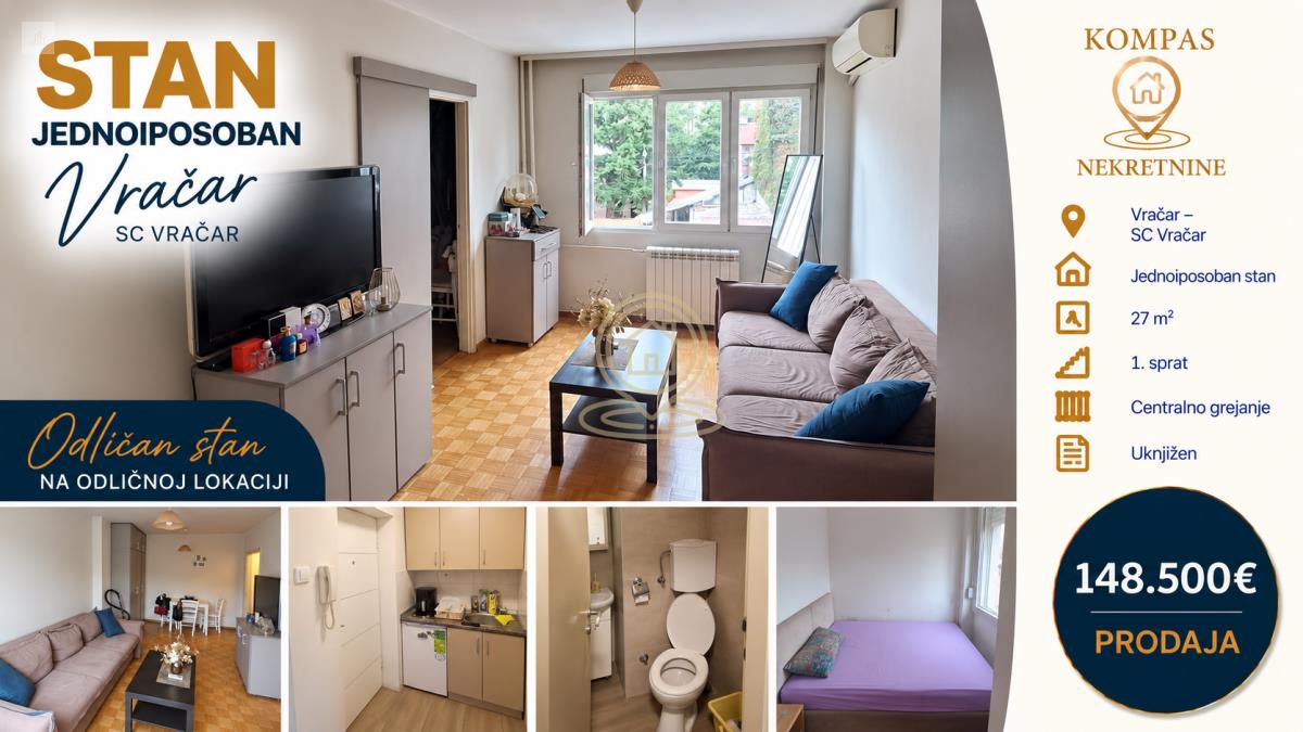 Vračar, SC Vračar, 1.5-soban stan, 27 m², 1. sprat