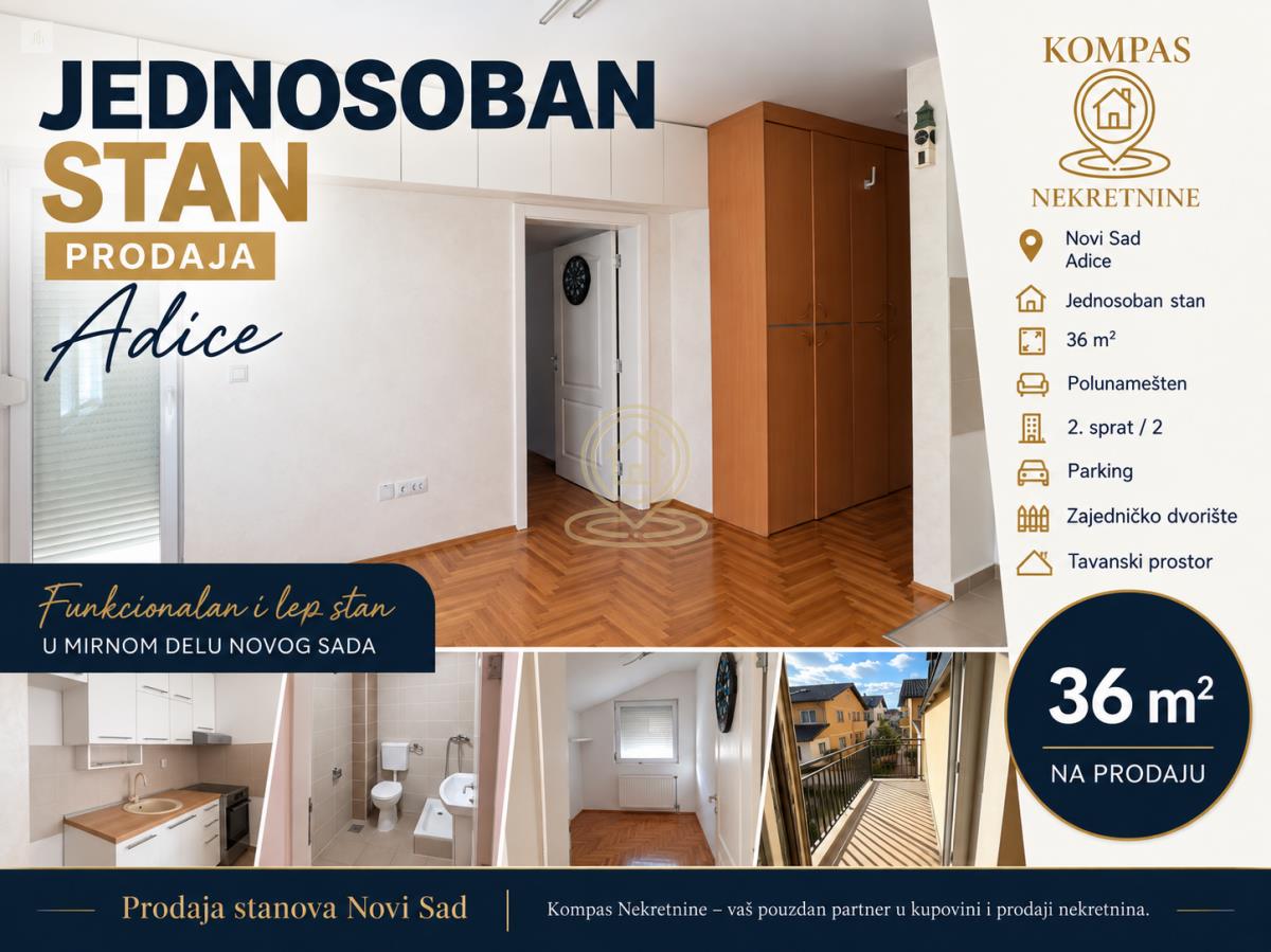Prodaja stanova Novi Sad, Adice – jednosoban stan 36m2, polunamešten, parking, zajedničko dvorište